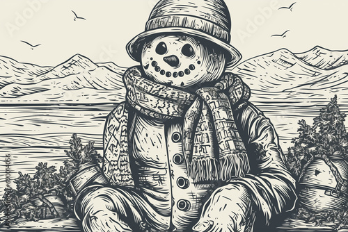 arthouse, scary scary snowman, gloomy horrible, disgusting drawing of a snowman. The creative illustration is a parody, fantasy, not real. Christmas New Year holiday