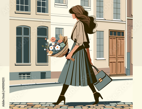 woman carrying bouquet of flowers along cobblestone street vector illustration