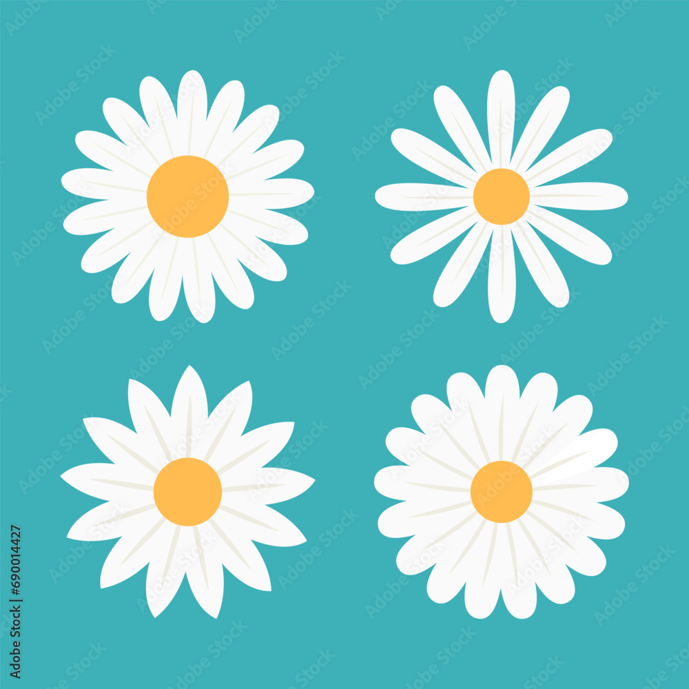 Daisy Camomile set. Four white chamomile icon. Cute round flower head plant collection. Love card symbol. Growing concept. Nature style. Flat design. Isolated. Blue background.