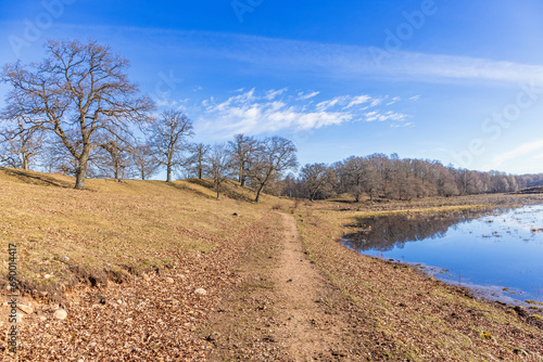 Path by a hilly landscape at a lake in a beautiful spring day