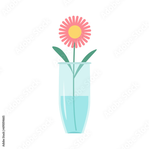 Flower set in vase . Glass vases with blue water. Cute colorful icon collection. Pink daisy gerbera flowers. Ceramic Pottery Glass decoration. White background. Flat design.