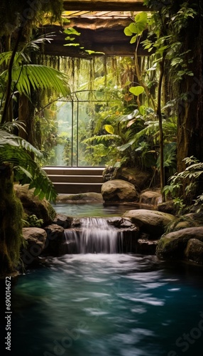 An idyllic waterfall hidden within the depths of Tranquil Haven Retreat, its soothing sounds blending seamlessly with the natural surroundings.