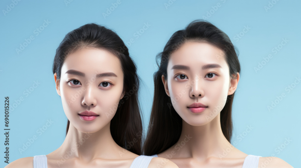 Two Young asian girls with perfect skin on blue background. Female Skin care editorial. Asian beauty portrait. Two Young asian girls with perfect skin on blue background. Female Skin care editorial. Asian beauty portrait.