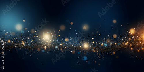 Abstract Background in Dark Blue and Gold Particles, Evoking a New Year and Christmas Ambiance with Glistening Stars and Sparkling. Golden Light Shines in Bokeh Fashion against a Navy Background
