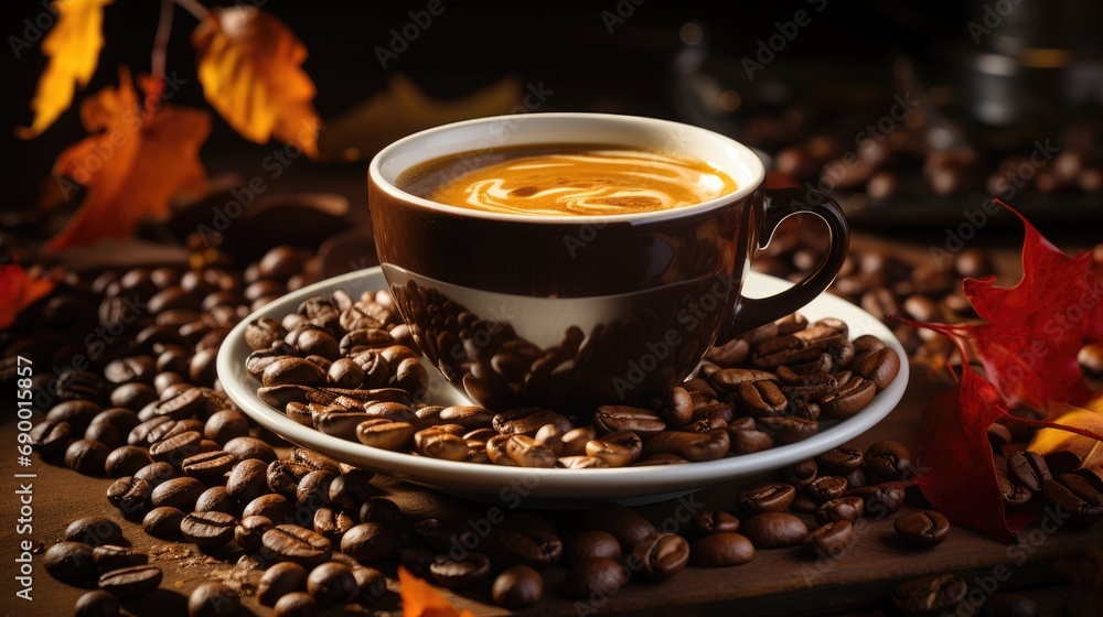 Coffee cup with coffee beans and autumn leaves on wooden background. Espresso coffee cup with beans on a table. Ai generative Coffee cup with coffee beans and autumn leaves on wooden background. Espresso coffee cup with beans on a table. Ai generative