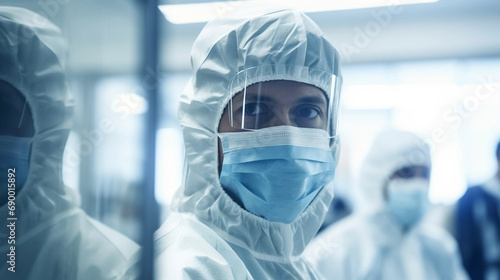 copy space, stockphoto, portrait of a technician in spacial clothing in a semiconductor production clean room. High tech technology. Semi conductor production plant. Clean room worker. Engineer portra