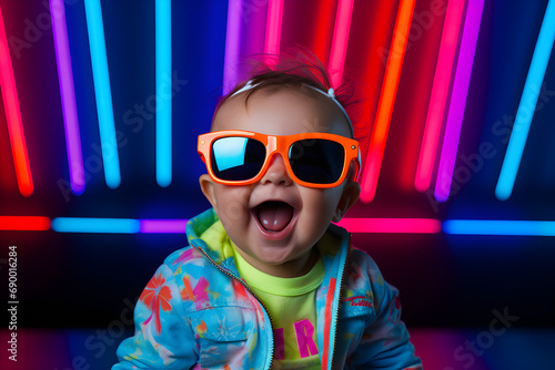 funny studio portrait of baby wearing sunglasses with glowing neon lights background