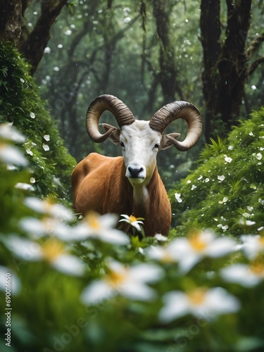 portrait of a goat in the middle of flower .fantasy photography in the flower field, 