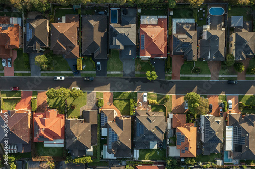 Aerial top down view of a quiet street lined with upmarket houses in outer suburban Sydney, Australia