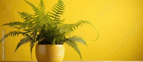 In an isolated desert, amidst the untouched nature, a beautiful and decorative house plant known as Davallia mariesii thrived in a vibrant flowerpot. Standing against the yellow background, this photo