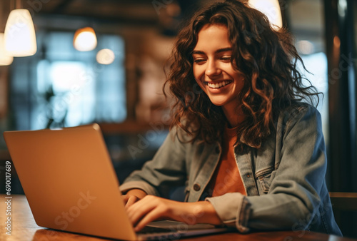 Attractive young caucasian woman sitting in front of a laptop smiling