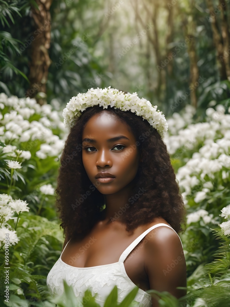 portrait of a woman in the middle of fantasy floral jungle , African women photography ,white flower portrait of a woman in the middle of fantasy floral jungle , African women photography ,white flower