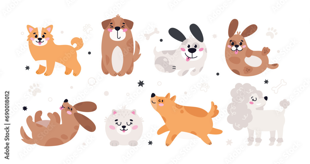 Naklejka premium Set of cute pets dogs. Cartoon vector dog or puppy characters design collection with flat color in different poses. Set of funny pet animals isolated on white background