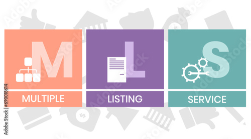 MLS, Multiple Listing Service acronym. Concept with keywords and icons. Flat vector illustration. Isolated on white background.