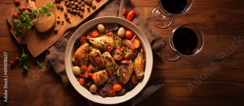Traditional French chicken dish with red wine, vegetables, and casserole, viewed from above on a wooden table.