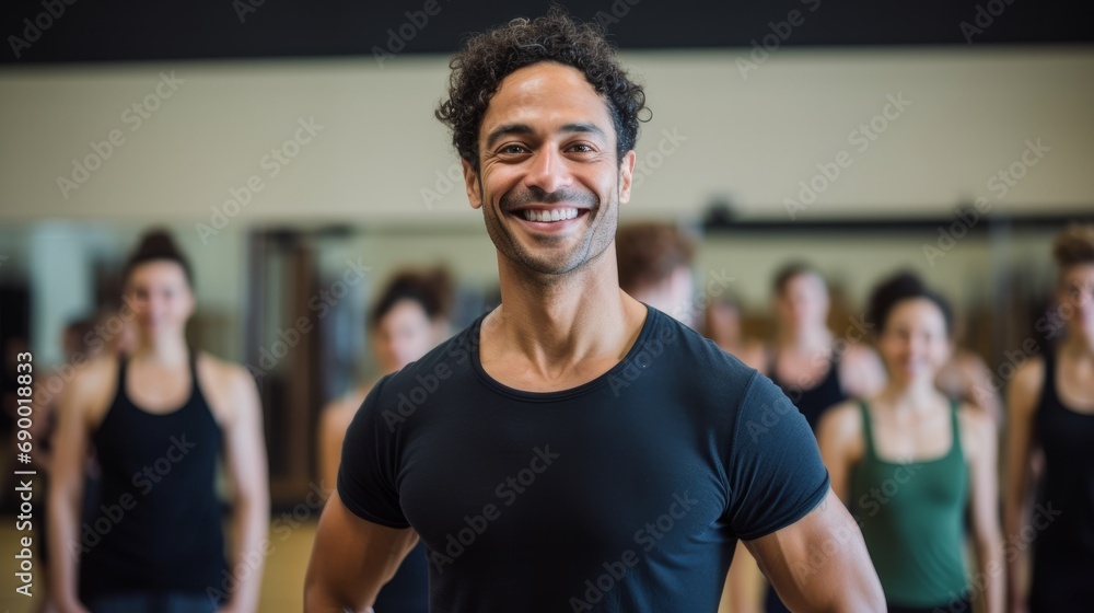 Portrait of a passionate choreographer smiling, with a dance studio and dancers in the background - obrazy, fototapety, plakaty 