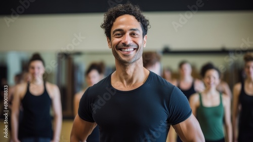 Portrait of a passionate choreographer smiling  with a dance studio and dancers in the background