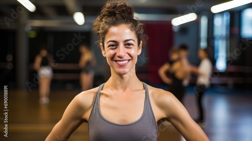 Portrait of a passionate choreographer smiling  with a dance studio and dancers in the background