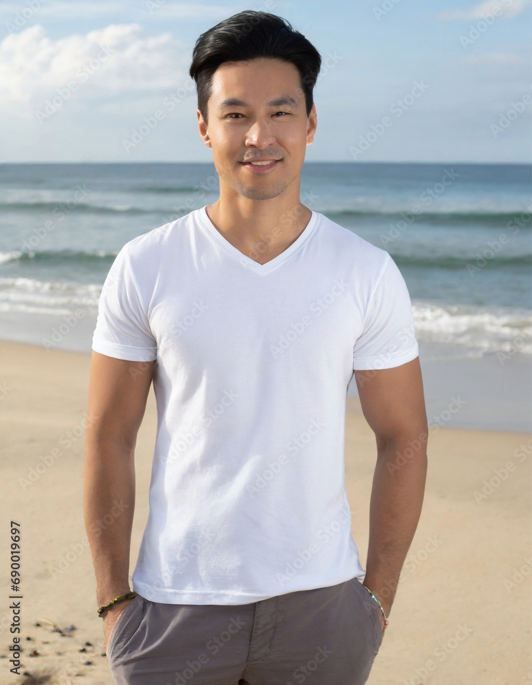 Portrait of a handsome young asian man standing on the beach Portrait of a handsome young asian man standing on the beach