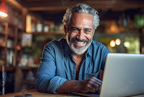 Attractive mature hispanic man sitting in front of a laptop smiling