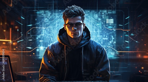 Hacker using the Internet hacked abstract computer server, database, network storage, firewall, social network account, theft of data