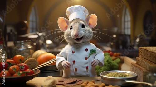 A mouse look like a cooking chef, funny and pro like ratatouille