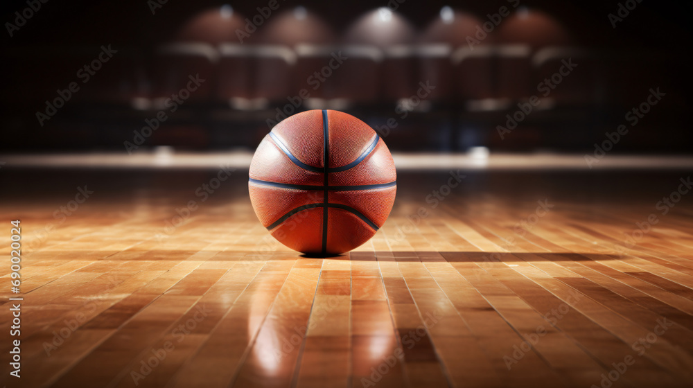 Basketball on spotlight parquet surface