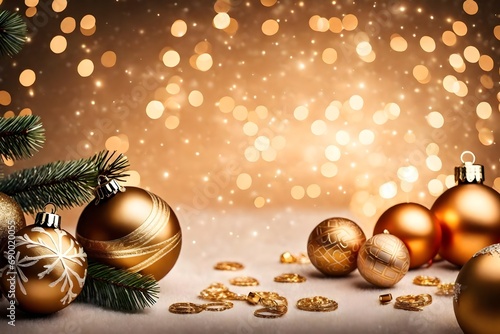 Christmas background with golden balls, bokeh and copyspace