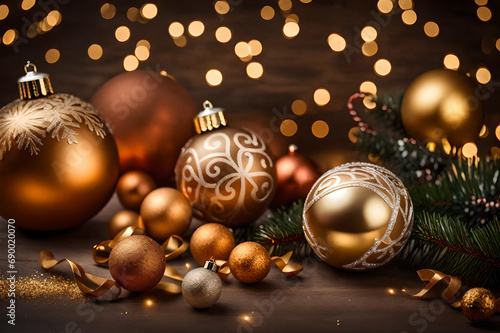 Christmas background with golden balls and bokeh
