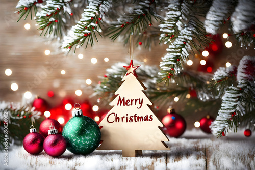 Christmas background with Christmas tree toys and Merry Christmas text. Christmas card