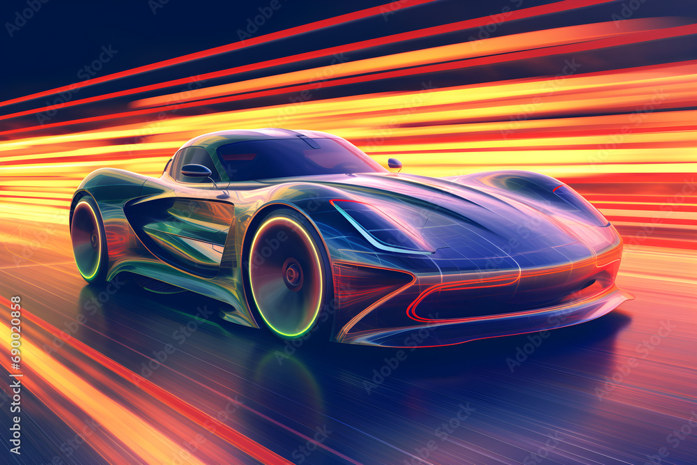 fast moving futuristic concept car on the road with neon lights