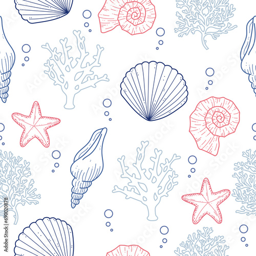 Marine background seamless pattern with conch, seashells, starfish, and nautilus