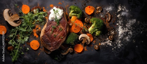 Steak with vegetables, herbs, sauce, mushrooms, carrot puree. Top view.