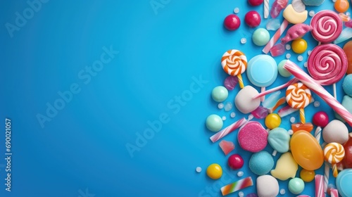 frame from candy on a bright blue background. lollipop  caramel and other sweets. party invitation card. Place for text.