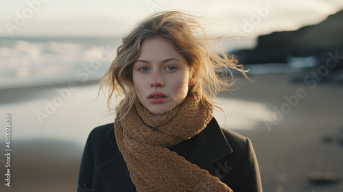 Stylish girl walks along the ocean coast on a cool autumn or winter day. Sand beach, windy weather. Beautiful woman on travel. Walk on the sea coastline. Amazing scenic outdoor view. Generated AI