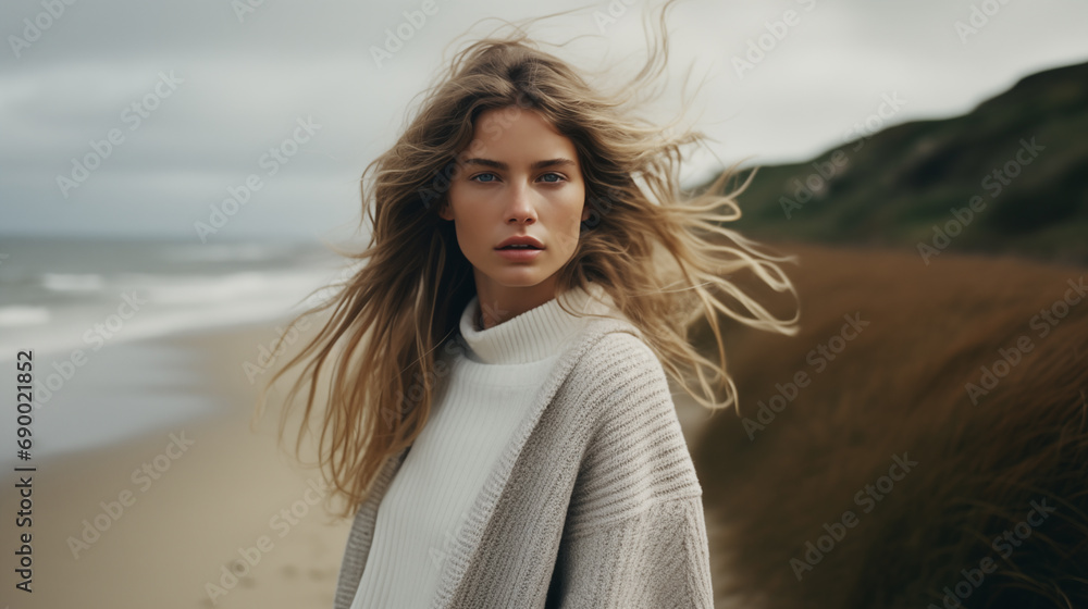 Stylish girl walks along the ocean coast on a cool autumn or winter day. Sand beach, windy weather. Beautiful woman on travel. Walk on the sea coastline. Amazing scenic outdoor view. Generated AI Stylish girl walks along the ocean coast on a cool autumn or winter day. Sand beach, windy weather. Beautiful woman on travel. Walk on the sea coastline. Amazing scenic outdoor view. Generated AI