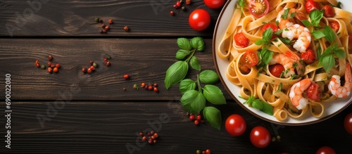 Top view of fettuccine pasta with shrimp, tomatoes, and herbs.