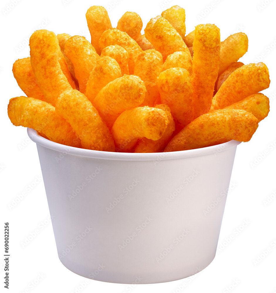 Puffed corn snacks cheesy in white bowl isolated on white background, Puff corn or Corn puffs cheese flavor on white With clipping path PNG File. Puffed corn snacks cheesy in white bowl isolated on white background, Puff corn or Corn puffs cheese flavor on white With clipping path PNG File.