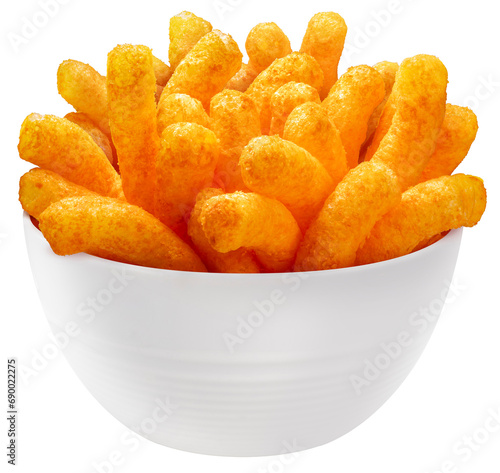 Puffed corn snacks cheesy in white bowl isolated on white background, Puff corn or Corn puffs cheese flavour on white With clipping path PNG File.