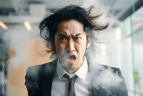 portrait of angry hothead Asian businessman with smoke in office photo
