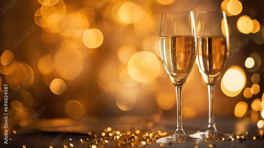 Two glasses of champagne against a background of blurred lights. Two glasses of champagne against a background of blurred lights.