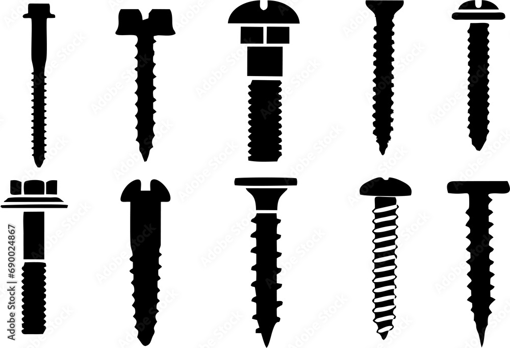 Set of bolts screws and nails. Design element for label, sign, emblem, banner and poster. Industrial symbol, fabric print element. High HD resolution. - obrazy, fototapety, plakaty 