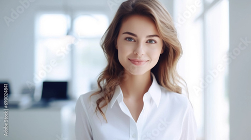 copy space, stockphoto, picture portrait of attractive office worker young woman. Successful bussinesswoman posting in front of the camera. Female manager.