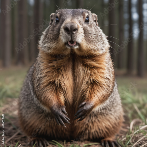 Groundhog, also known as a woodchuck, is a stout-bodied rodent celebrated for its curious behavior and unique appearance photo