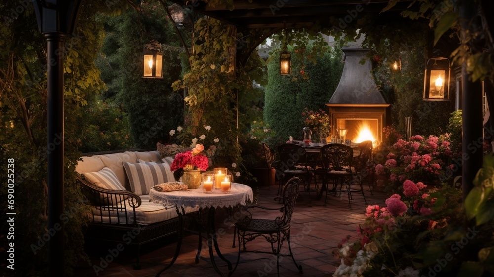 The charming outdoor terrace of Vintage Glamour Hideaway, featuring vintage wrought-iron furniture, potted plants, and soft lighting, offering a private and romantic retreat.