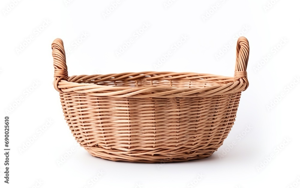 Fototapeta premium Handmade empty wicker basket with handles for Easter, picnic isolated on white background