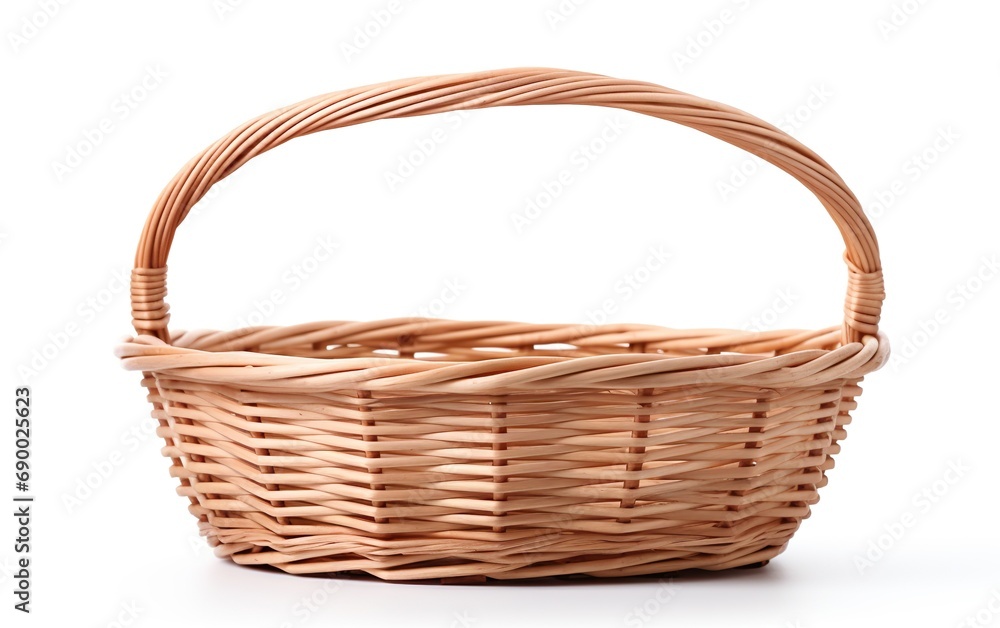 Handmade empty wicker basket with handles for Easter, picnic isolated on white background
