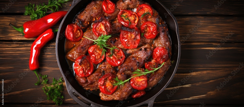 Red peppers filled with meat and tomato in an old frying pan, seen from above.