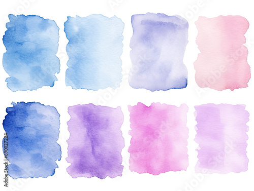 A set of watercolor spots highlighted on a white background. Blue, pink, purple. Background, frame