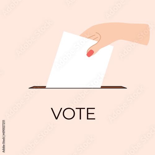 A hand places a ballot paper into a ballot box. Vote concept. Vector illustration.
